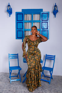 Ariana Silk Ruffle Dress (Olive Bloom)