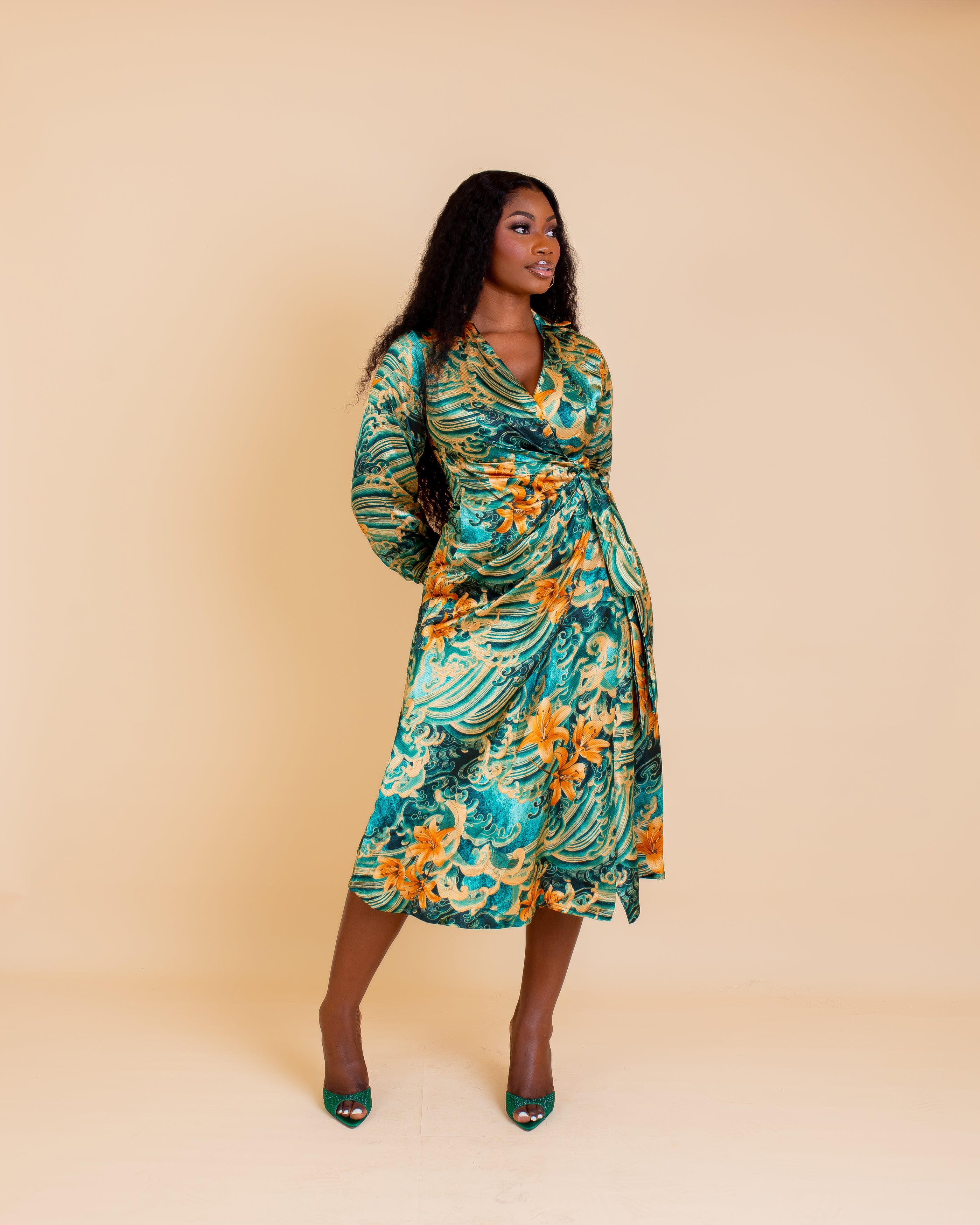 Mariah - Wrap Dress – Green & Gold Floral Swirl