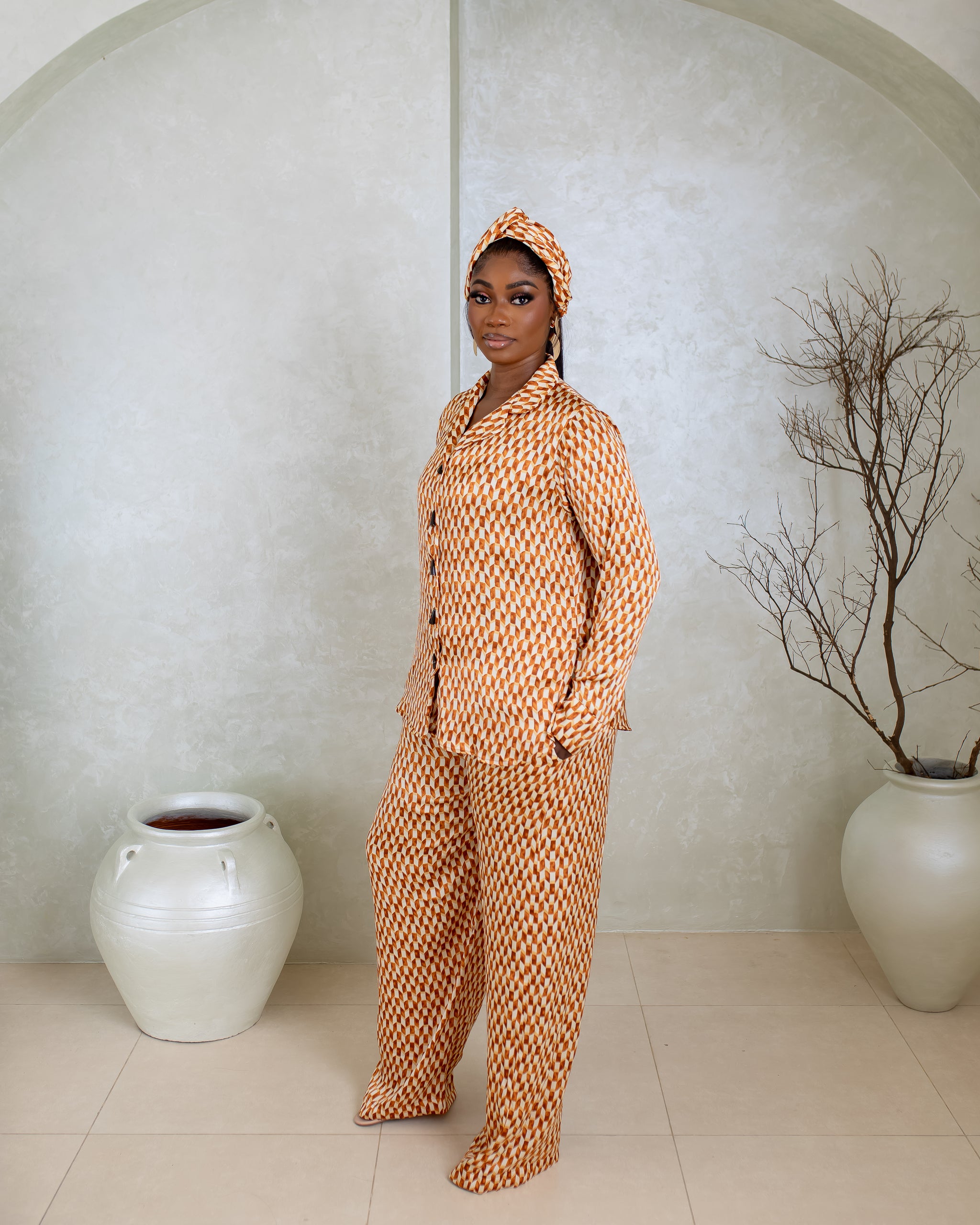 Silk Pj Set & Headband - (Marble Ember Print