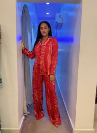 Beaded Neck PJ Set (Red Clay print)