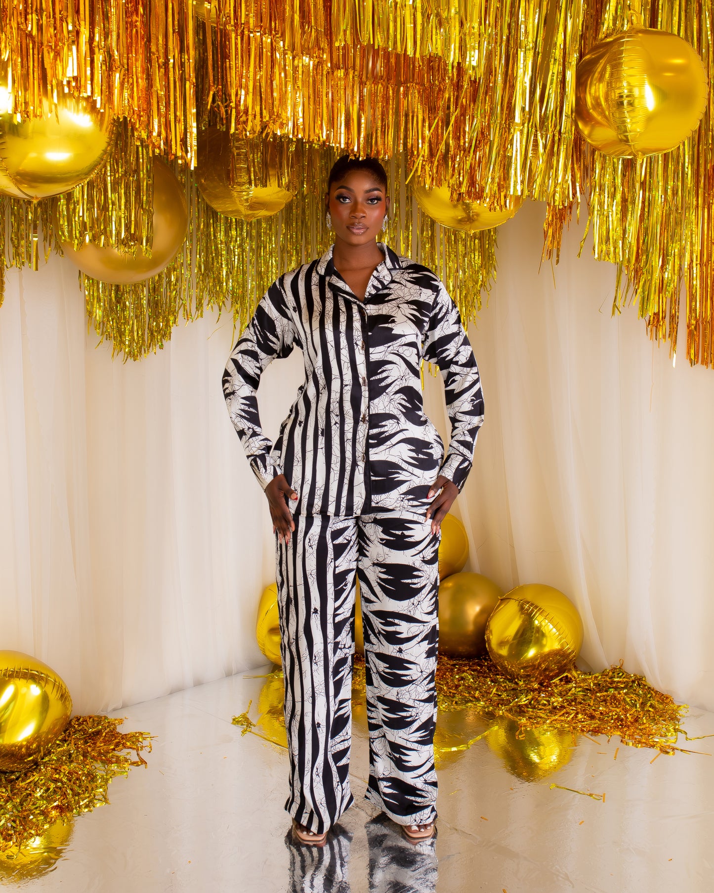 Silk PJ Trouser Set (Black & White)