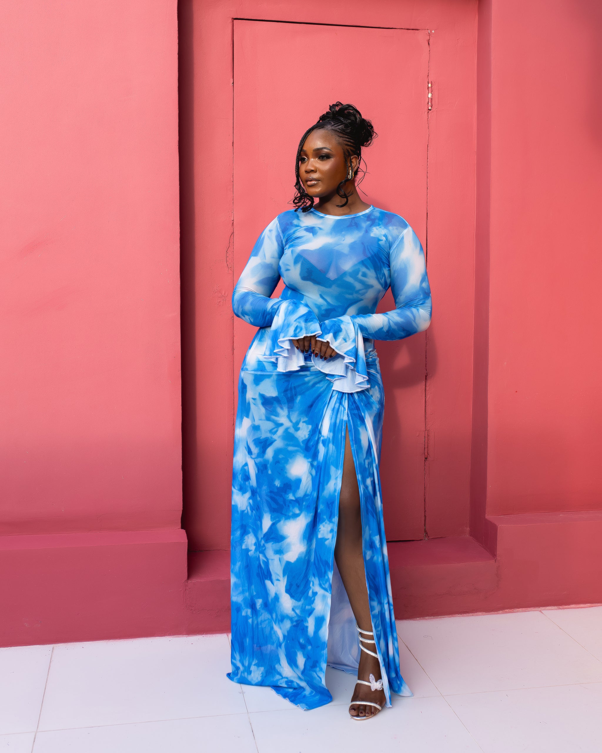 Milan Mesh Dress (Blue lagoon Print)