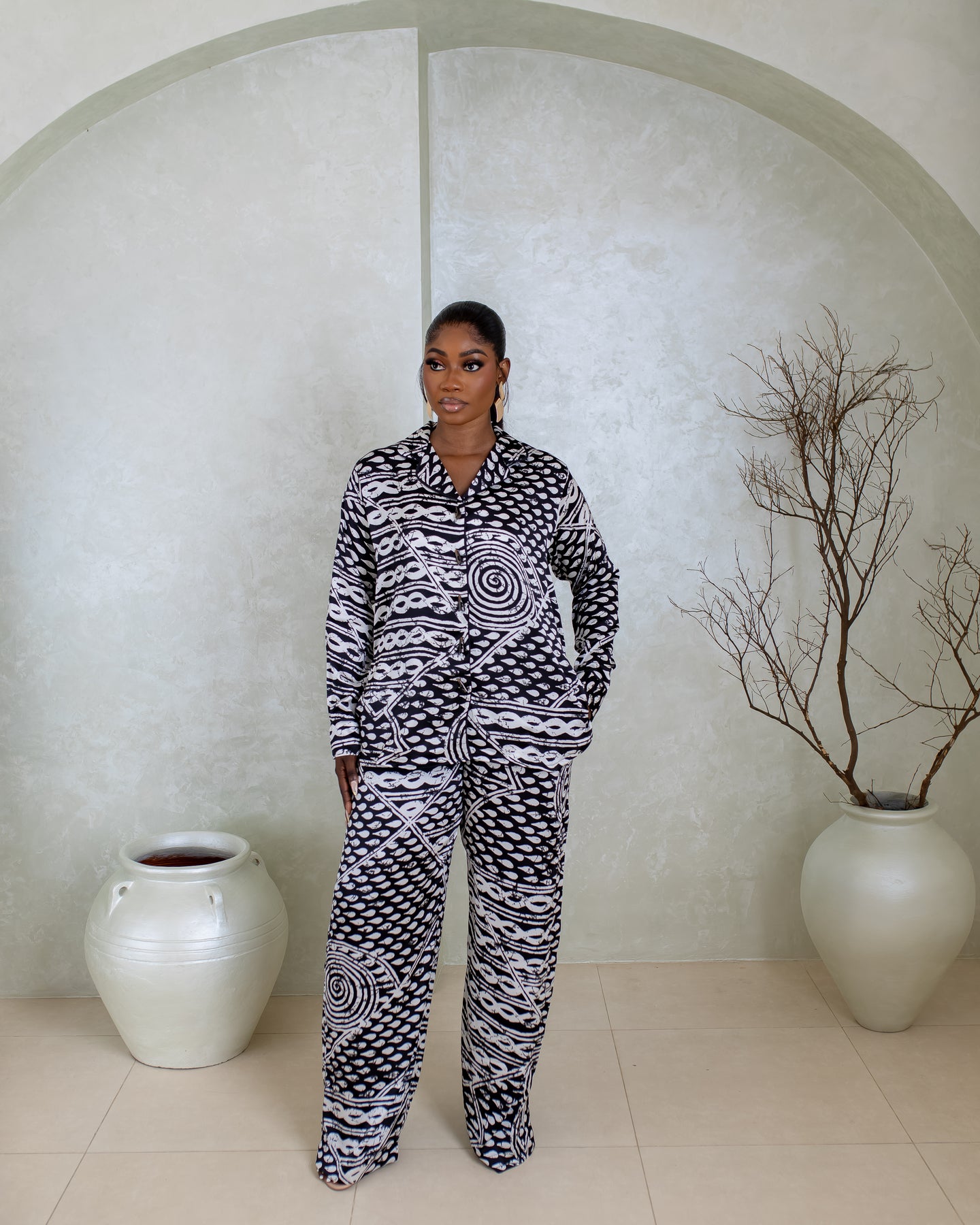 Silk PJ Set (Noir Spiral Print)