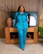 Silk PJ Trouser Set (Aqua Ziva Print)