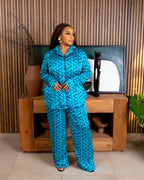 Silk PJ Trouser Set (Aqua Ziva Print)