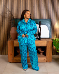 Silk PJ Trouser Set (Aqua Ziva Print)