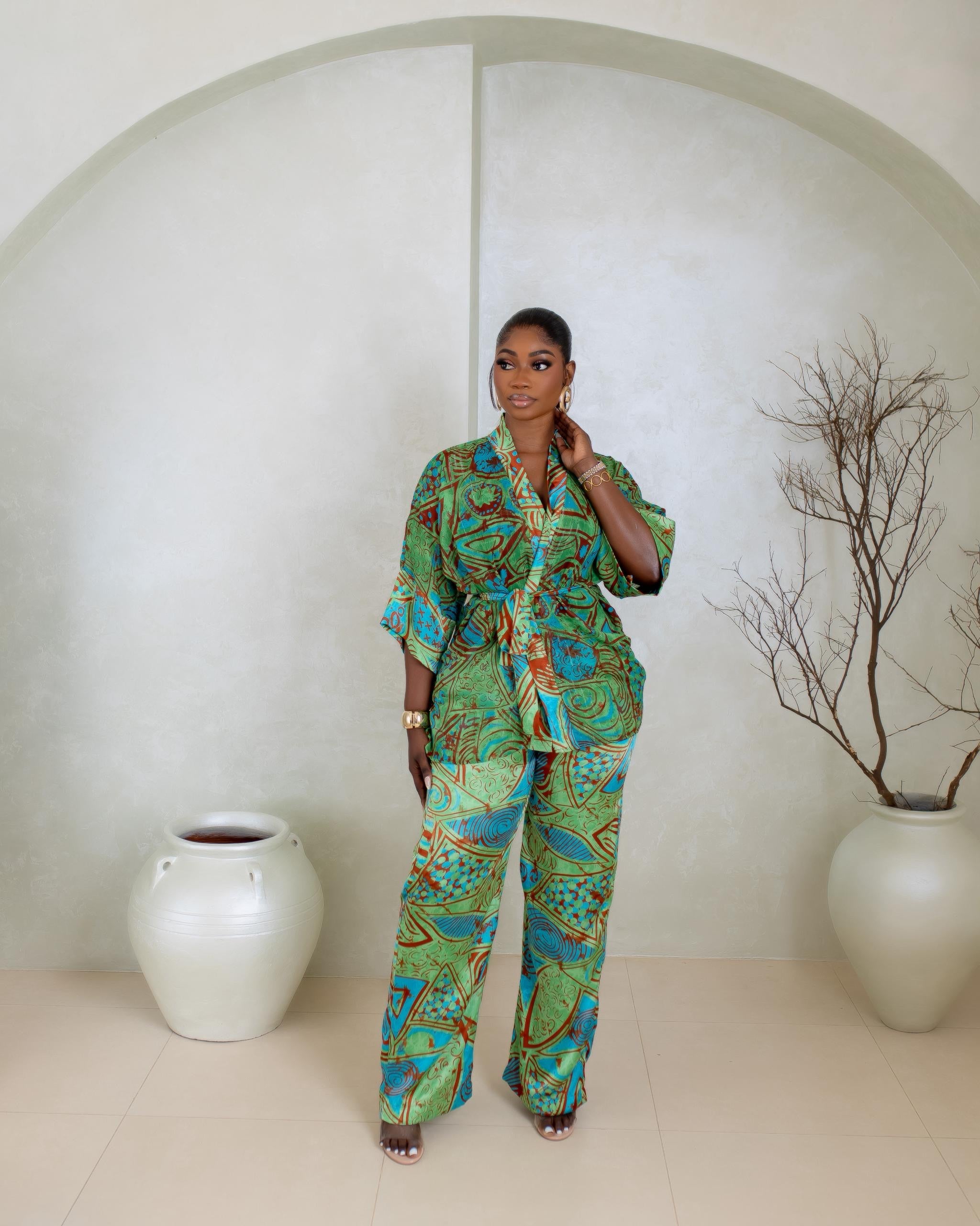 Zoya Kimono Set (Emerald Mosaic Print)