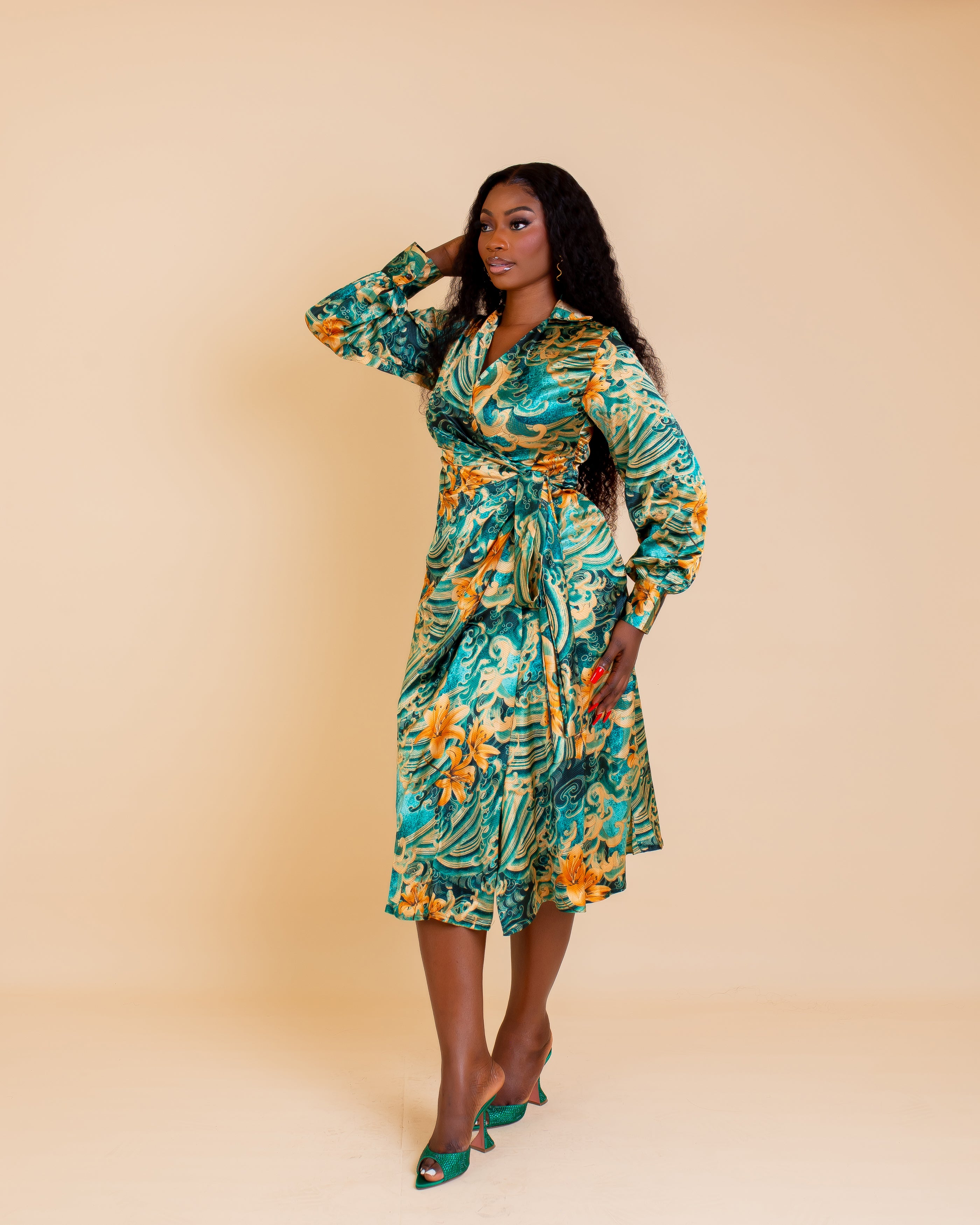 Mariah - Wrap Dress – Green & Gold Floral Swirl