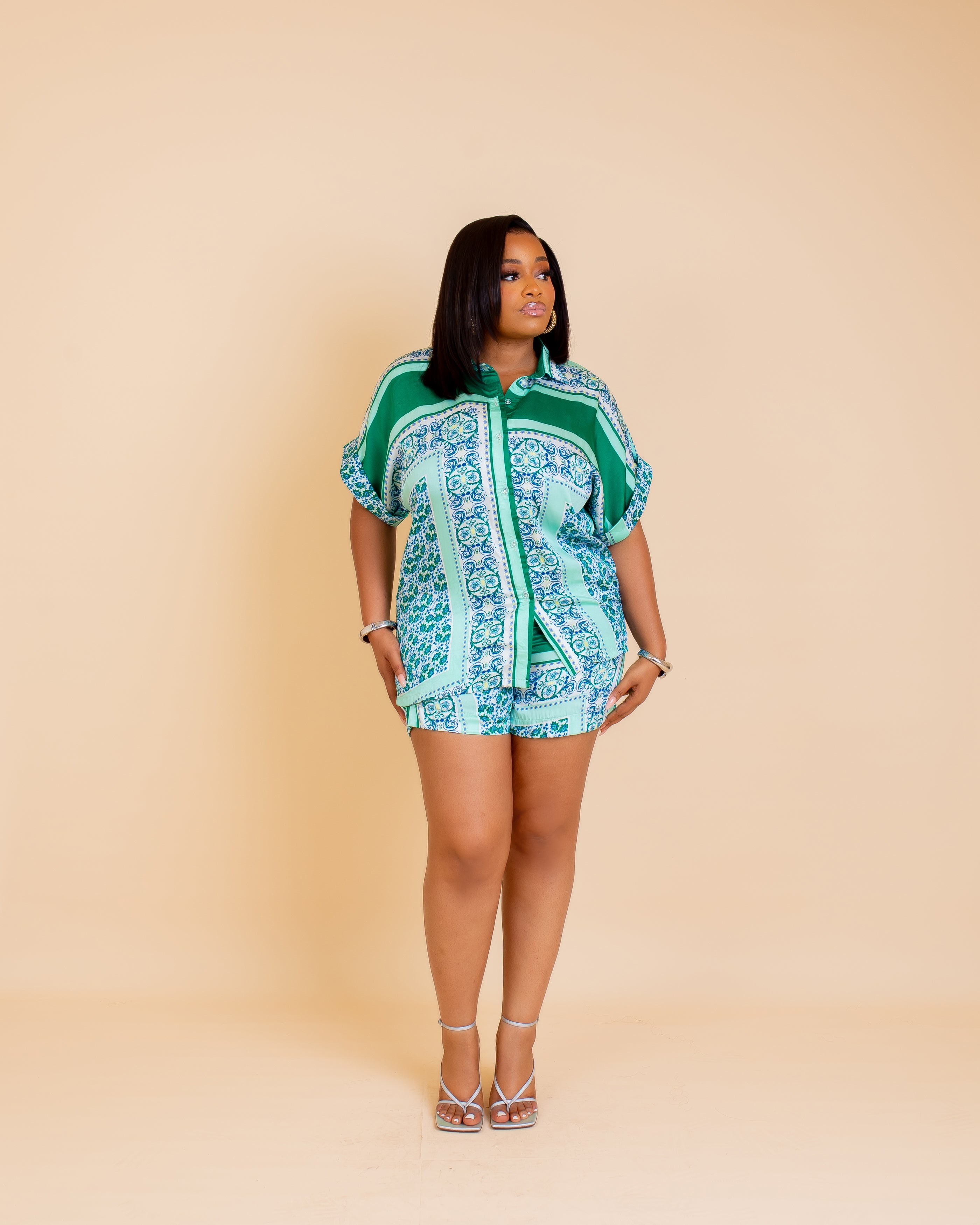 Silk Short Set (Mint Paisley)