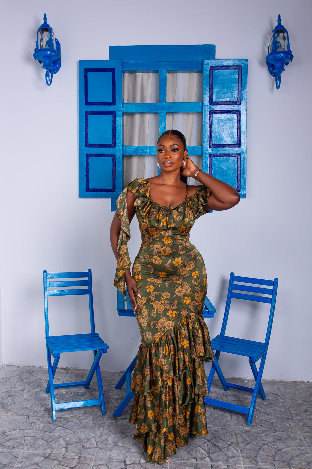 Ariana Silk Ruffle Dress (Olive Bloom)