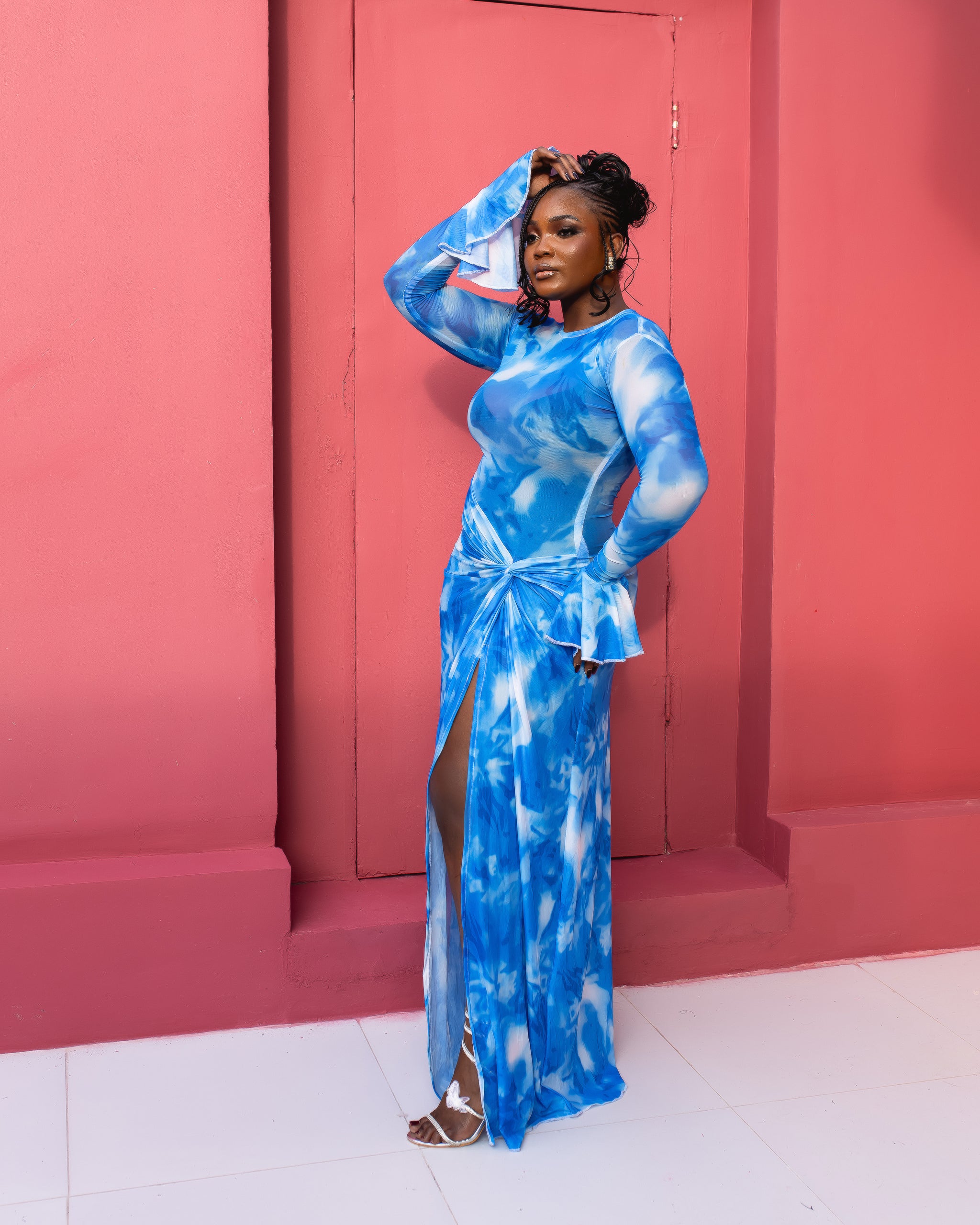 Milan Mesh Dress (Blue lagoon Print)