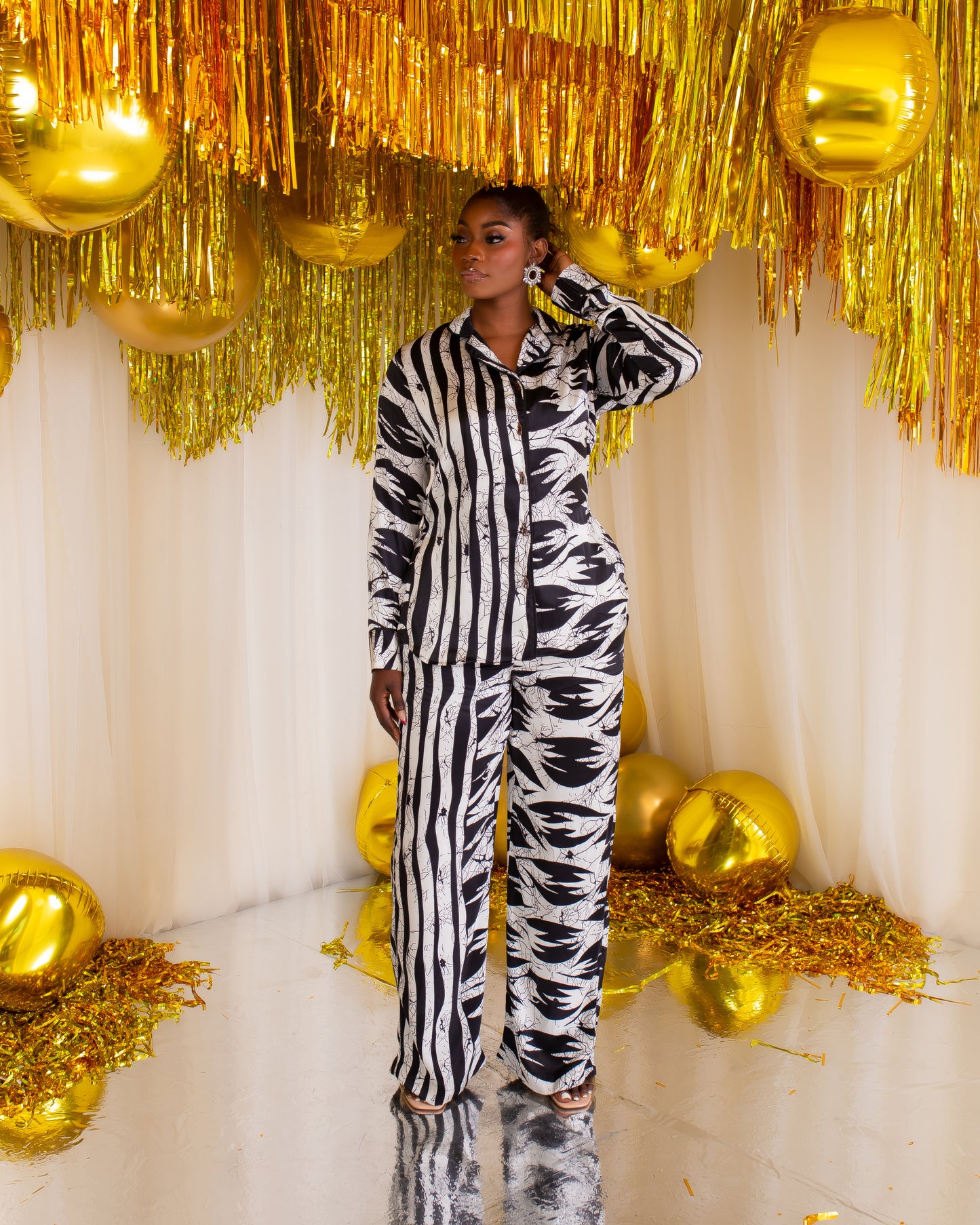 Silk PJ Trouser Set (Black & White)