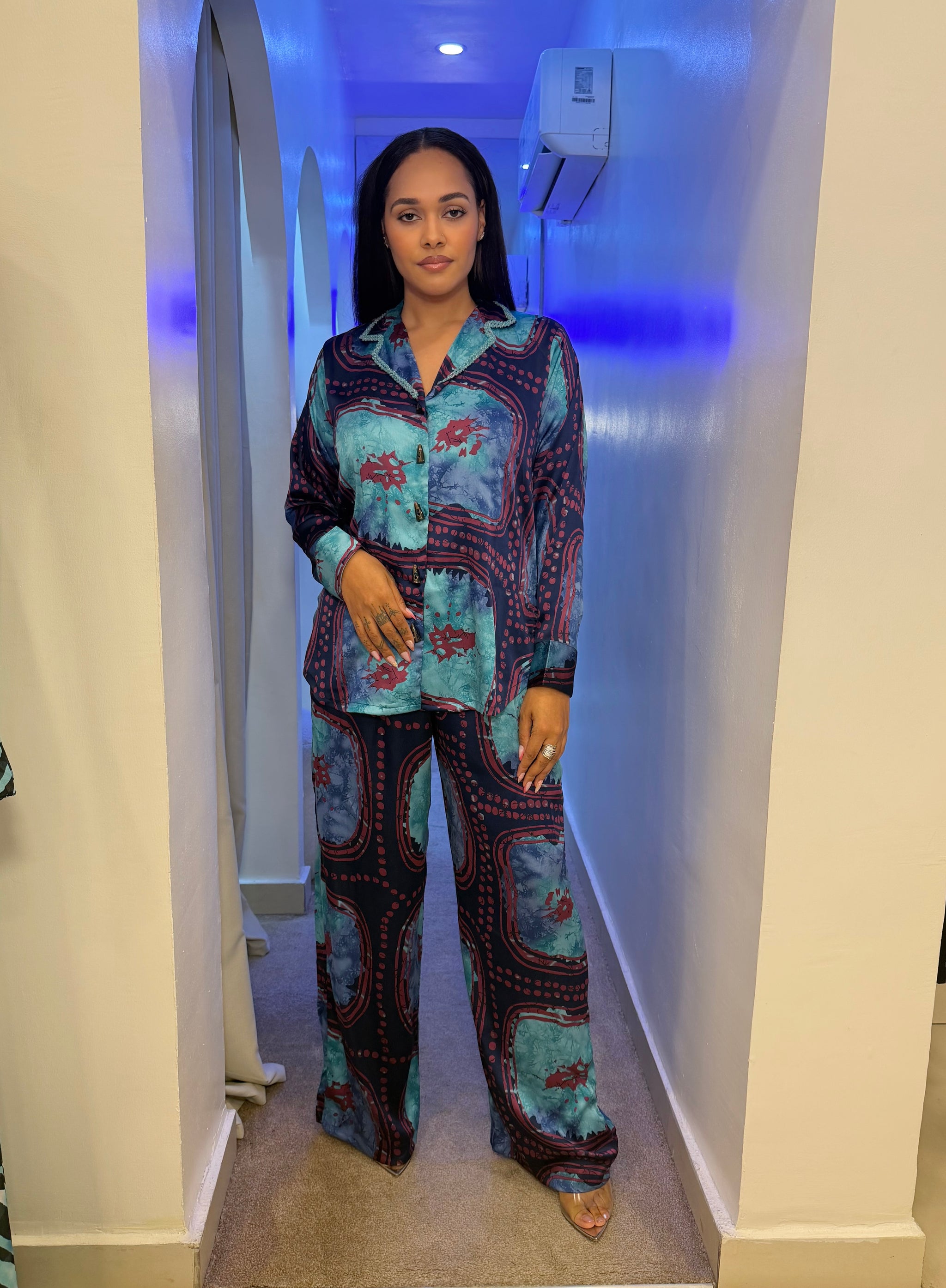 Beaded Neck PJ Set (Moonstone Mosaic print)