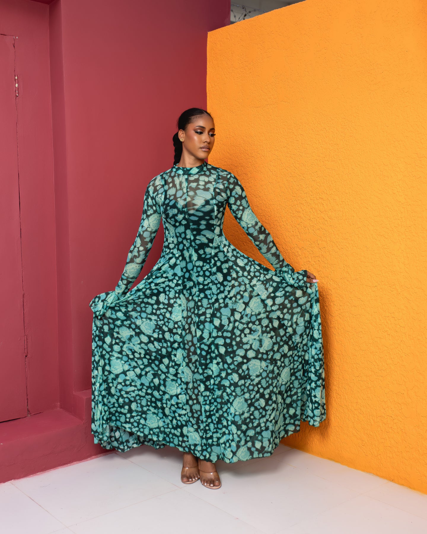 Neriah Mesh Dress (Lagoon Marble Print)