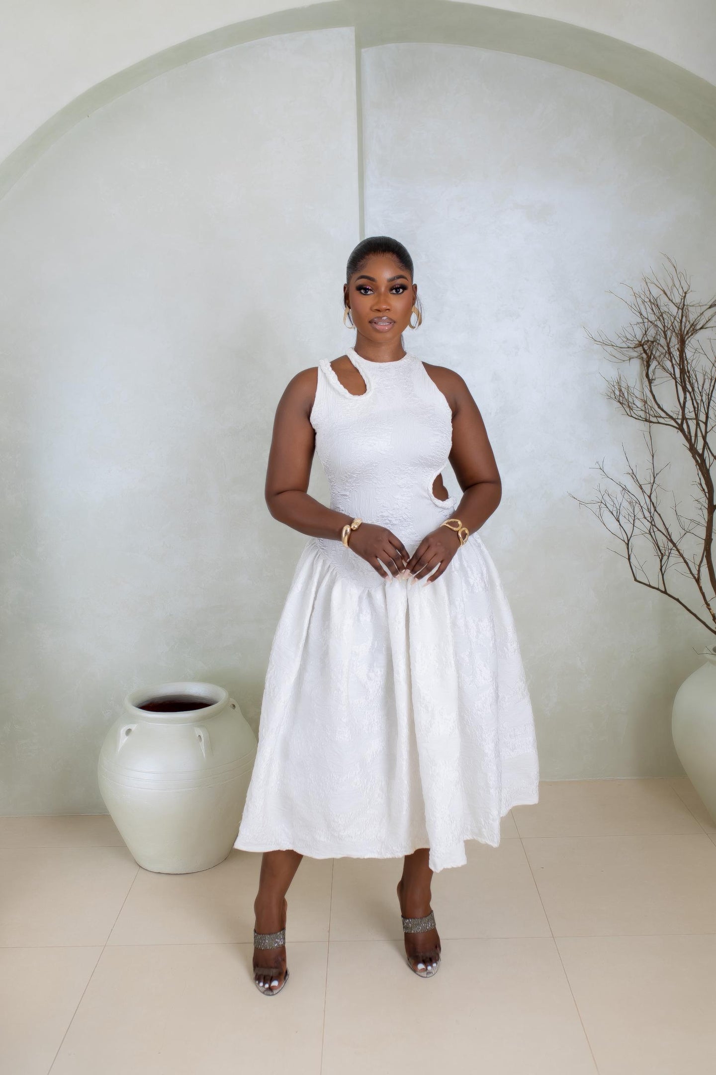 Zaraia Midi Dress (White Bloom Print)