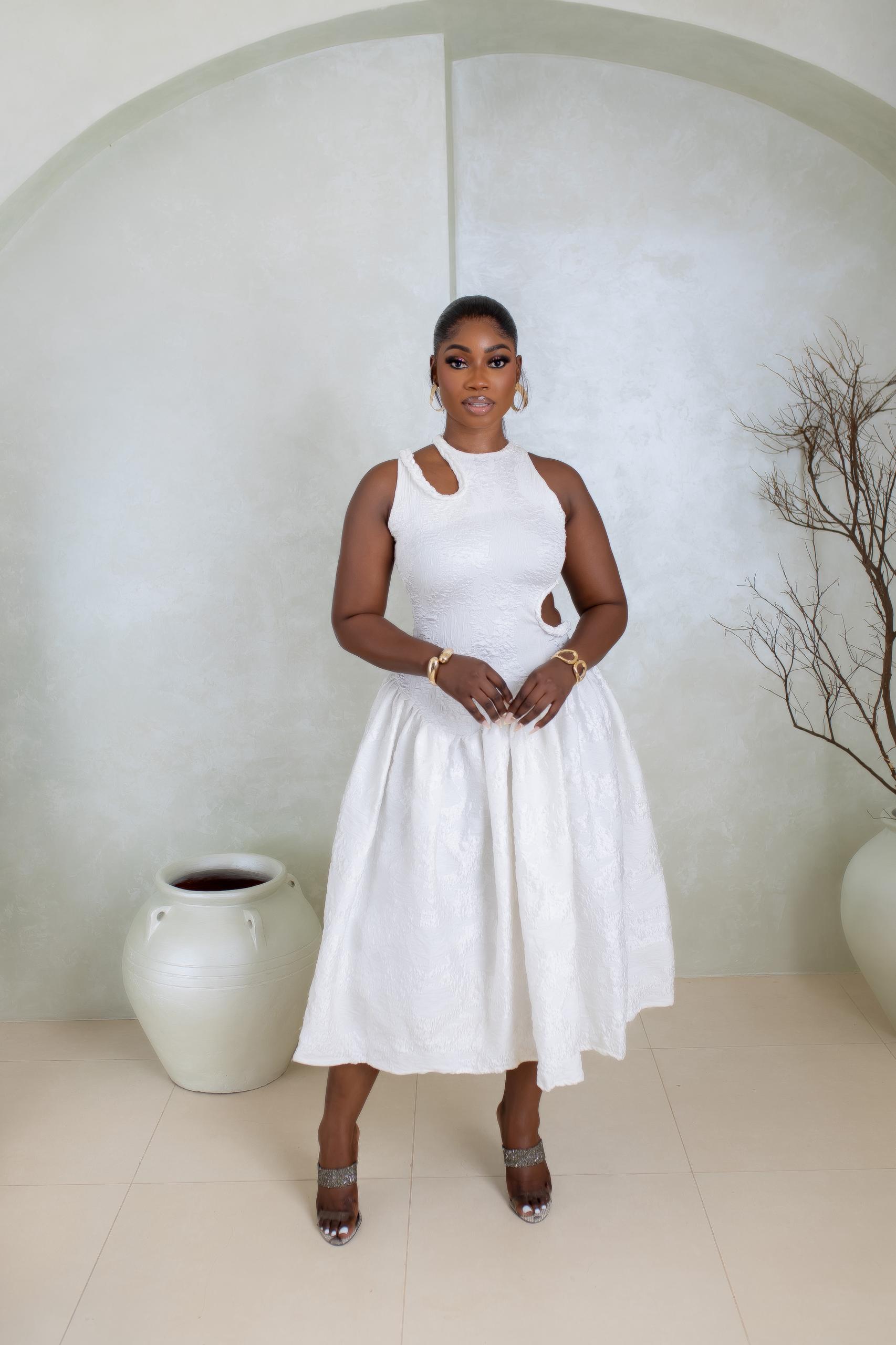 Zaraia Midi Dress (White Bloom Print)