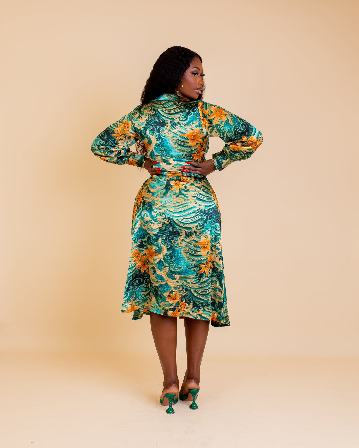 Mariah - Wrap Dress – Green & Gold Floral Swirl