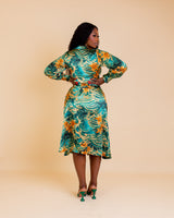Mariah - Wrap Dress – Green & Gold Floral Swirl