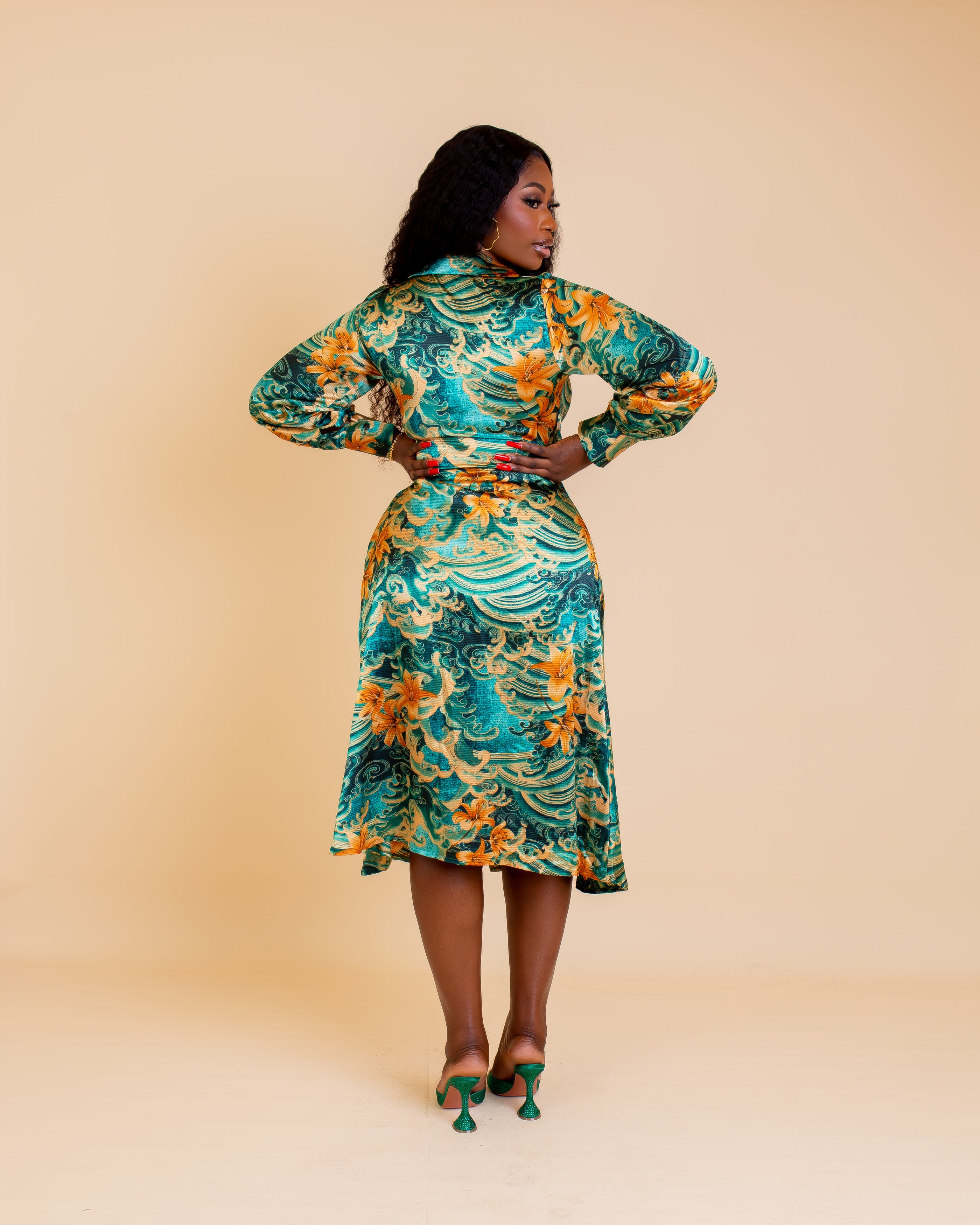 Mariah - Wrap Dress – Green & Gold Floral Swirl