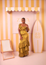 Ariana Silk Ruffle Dress (Golden Savannah Print)