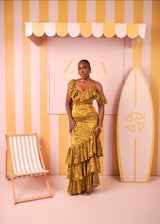 Ariana Silk Ruffle Dress (Golden Savannah Print)