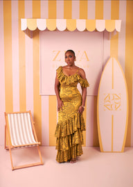 Ariana Silk Ruffle Dress (Golden Savannah Print)