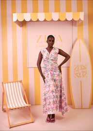 Ivy Ruched Dress (Blush Meadow Print)