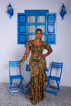 Ariana Silk Ruffle Dress (Olive Bloom)