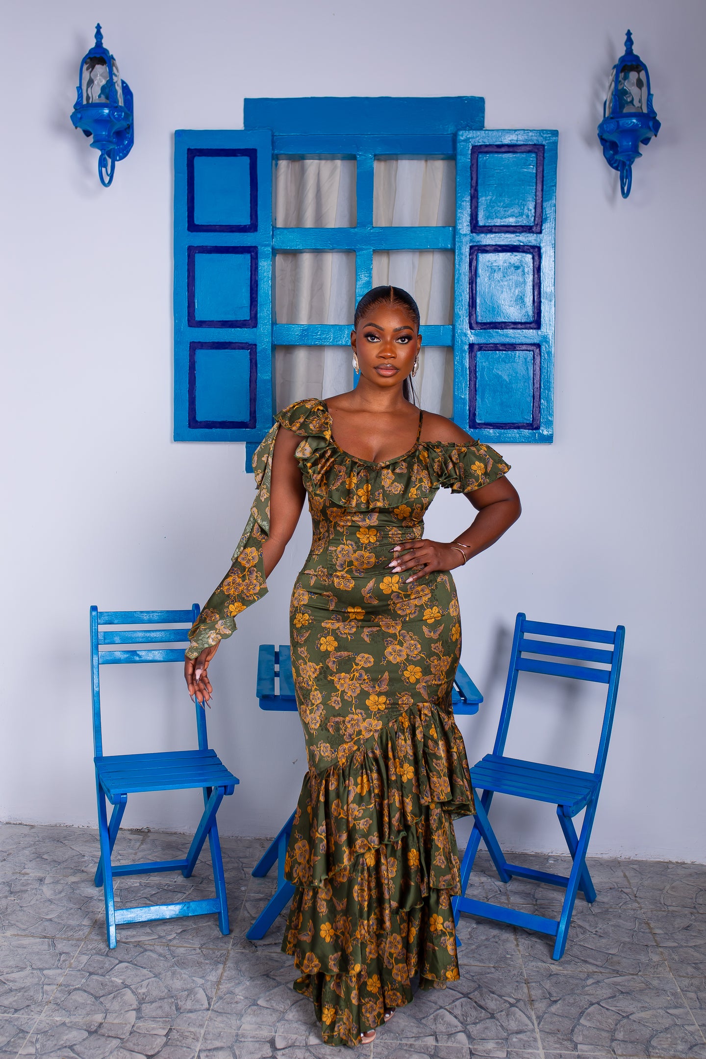 Ariana Silk Ruffle Dress (Olive Bloom)