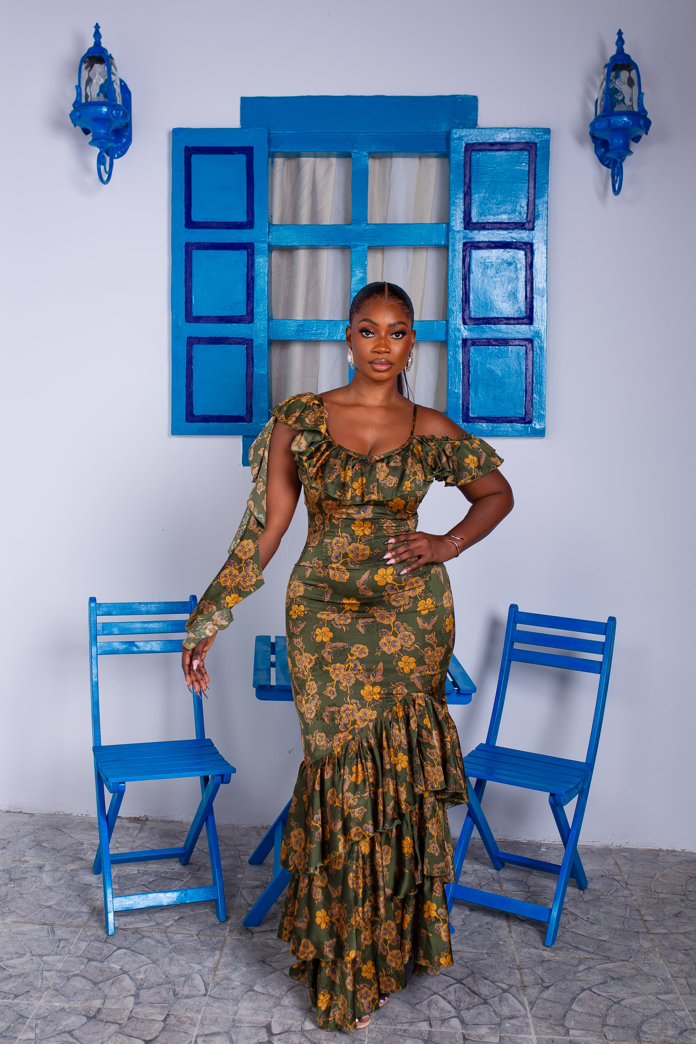 Ariana Silk Ruffle Dress (Olive Bloom)