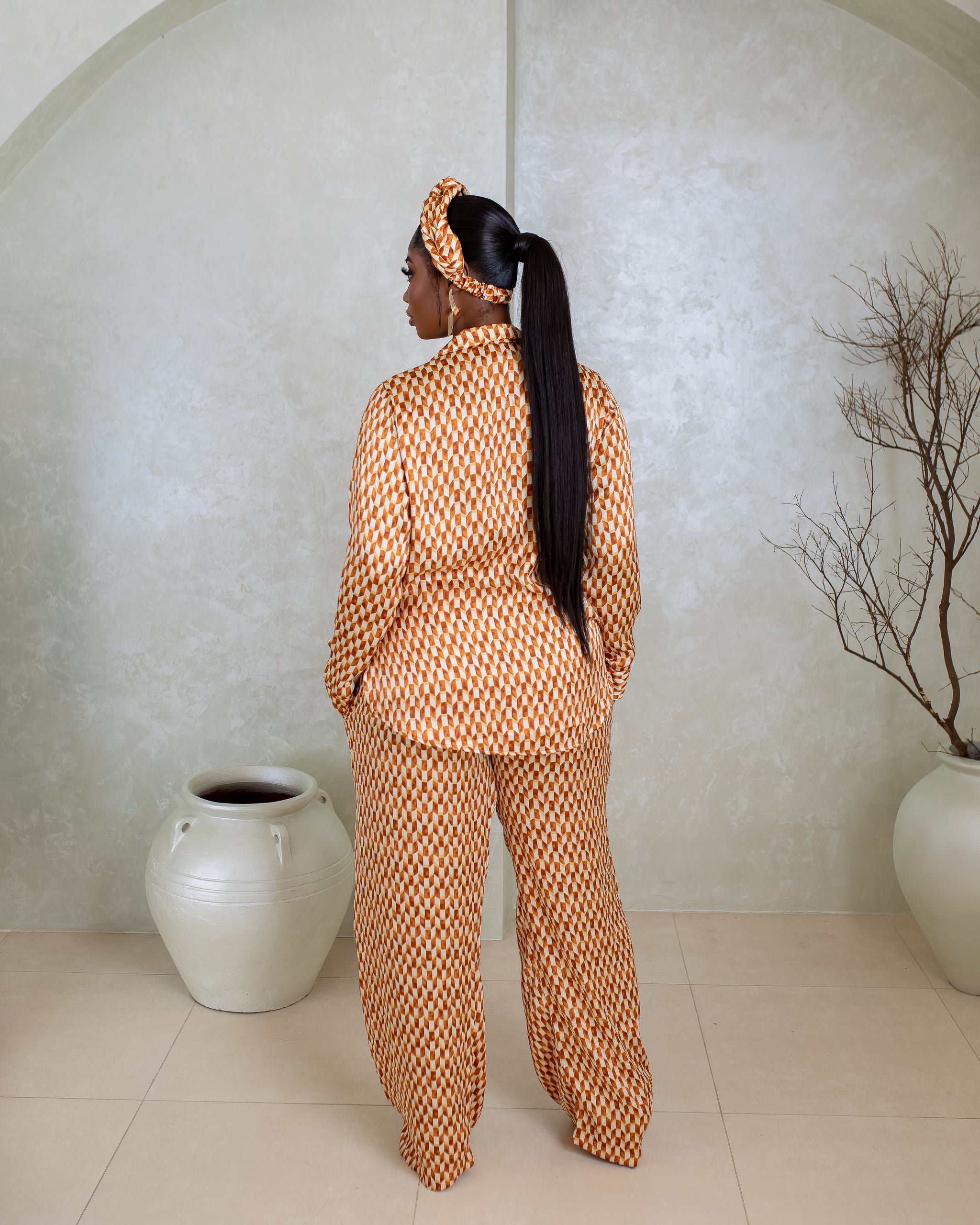 Silk Pj Set & Headband - (Marble Ember Print